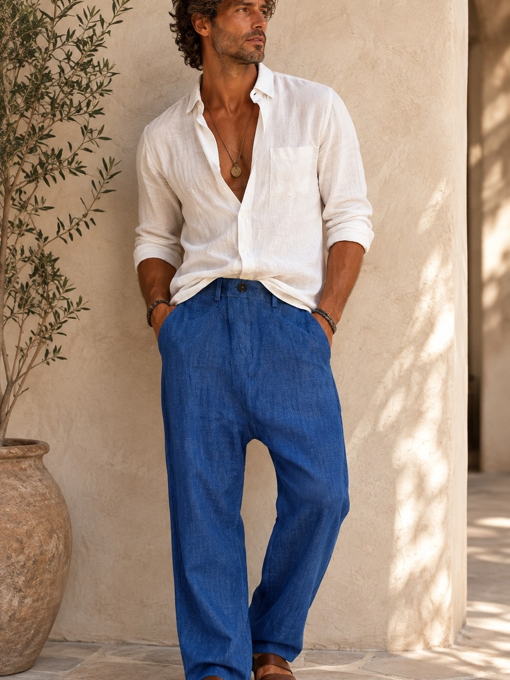 NWT Zara Mens Linen Cobalt Blue Drop Crotch Pants